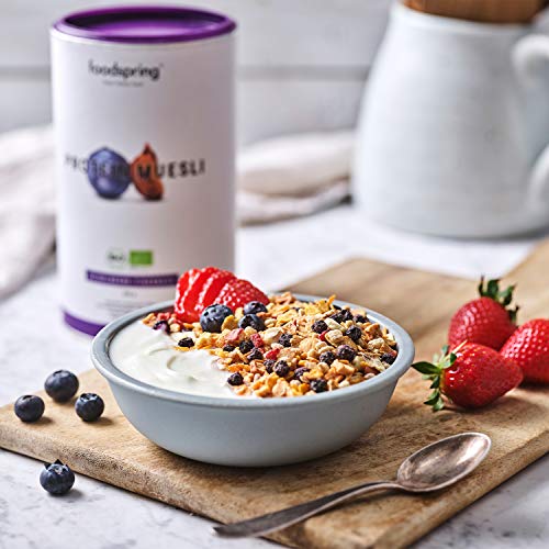 foodspring Muesli Proteico, 360g, Arándanos y chufas, Ingredientes 100% orgánicos, Garantizado vegano y sin lactosa