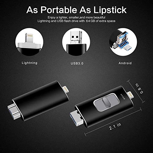 Foraer Pendrive 64GB Memorial USB para iPhone/iPad/PC/Android/Touch ID Portátil 3 en 1 Flash Drive USB 3.0 (64gb)