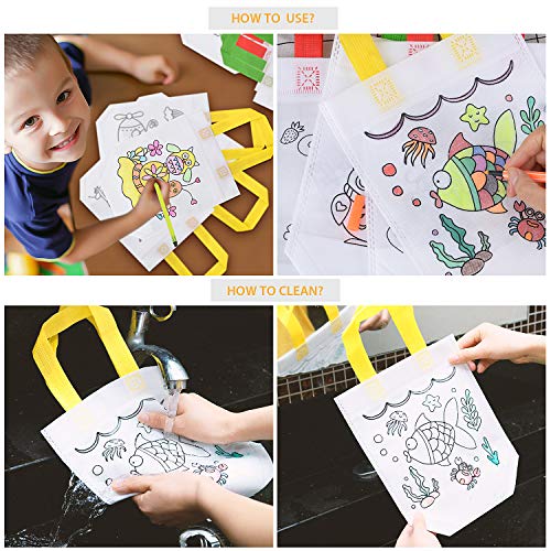 FORMIZON 12 Pcs Bolsas para Colorear, DIY Bolsas Infantiles para Colorear, 12 Diferentes Diseño + 12 x Lápices Textiles, Bolsas Infantiles Colorear Graffiti Bolsas para Regalo Niños y Celebraciones