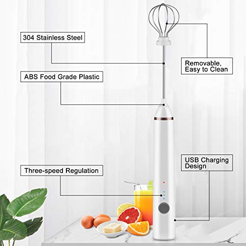 FORMIZON Batidora de Leche Eléctrico, USB Recargable Batidor de Huevos de Mano, Ajustable 3 Velocidades Batidor de Leche de Acero Inoxidable 304 para Café/Latte/Cappuccino(Blanco)