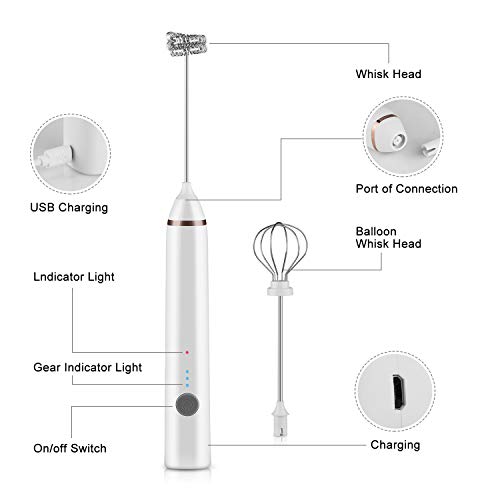 FORMIZON Batidora de Leche Eléctrico, USB Recargable Batidor de Huevos de Mano, Ajustable 3 Velocidades Batidor de Leche de Acero Inoxidable 304 para Café/Latte/Cappuccino(Blanco)