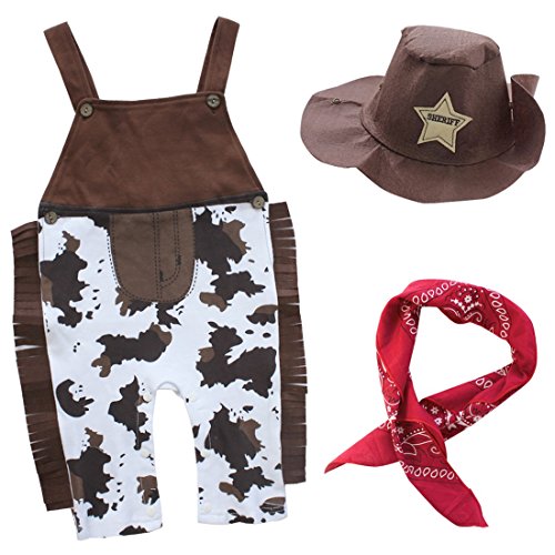 Freebily 3Pcs Disfraz Cowboy Bebé Niños Infántil Monos Bebé Pantalones de Peto Algodón Entrepierna Abierta Botones Disfraces de Vaquero con Sombrero Pañuelo Marrón 6-12 Meses