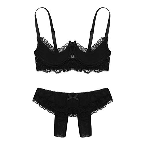 Freebily Lenceria Erotica Conjunto Mujer Ropa Interior Sexi de Encaje Entrepierna Abierta Atractiva Pasión Traje de Dormir de Noche Picante Negro X-Large