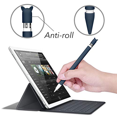 Funda de Silicona para Apple Pencil Holder Funda de Bolsillo Piel Accesorios para iPad Pro 9.7/10.5, Bolsa de Agarre Suave con Carga Gato Forma Cap Holder y 2 Cubiertas de Punta Protectora-Azul oscuro