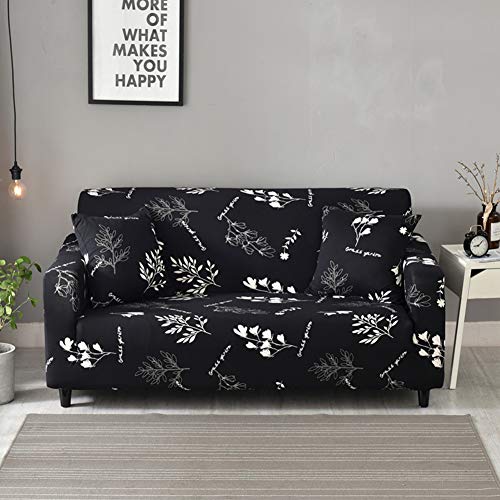 Funda para sofá elástica, antideslizante, estampado de plumas y flores moderno y simple, de 1/2/3/4 plazas, protector para mascotas (Elegancia-negro,4-Seater Sofa Length 90-118In+1pcs Free Pillowca)