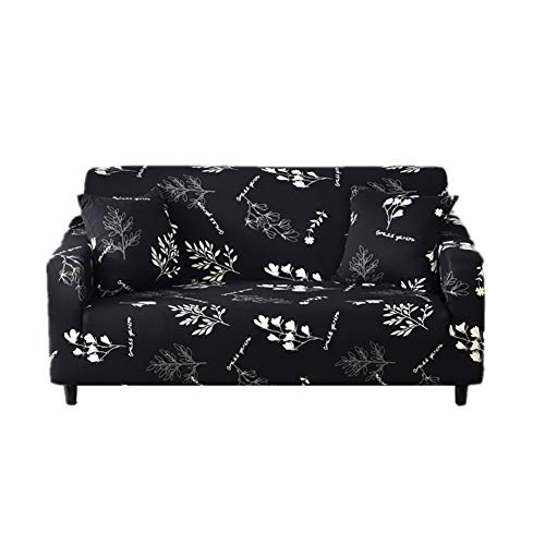 Funda para sofá elástica, antideslizante, estampado de plumas y flores moderno y simple, de 1/2/3/4 plazas, protector para mascotas (Elegancia-negro,4-Seater Sofa Length 90-118In+1pcs Free Pillowca)