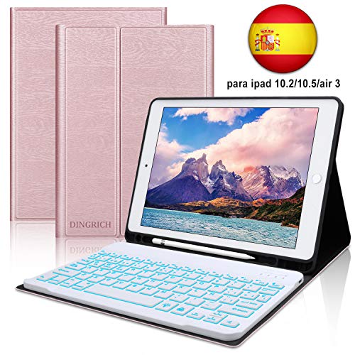 Funda Teclado iPad 10.2 Español,Dingrich Funda Teclado (Incluye Ñ) para iPad 10.2 2019 7 Generación/10.5 2017/Air 3,Bluetooth 7 Colores Retroiluminados Desmontable iPad Teclado Auto Dormir/Despertar