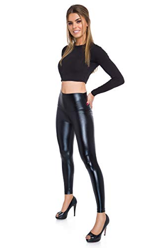 FUTURO FASHION - Leggings de Tiro Alto - Acabado Mate y Brillante - Cuero sintético - Negro - Talla EU 36