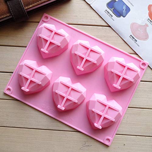 Geeke Silicone Mold 3D Diamond Heart/High Ball/Double Cherry Shaped Bandeja para Hornear Molde Jabón de Chocolate Pastel Postre Herramienta DIY (6cavidades 3D Diamond Heart Shape)