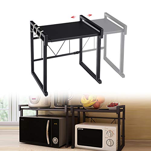 GEMITTO Soporte Extensible para Microondas Estante para Horno de Microondas de Acero al Carbono con 3 Ganchos para Colgar Multifuncional Organizador Estanteria Cocina, 40-60x36x40cm