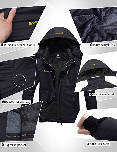 GEMYSE Chaqueta de esquí Impermeable de montaña para Hombre Abrigo de Invierno al Aire Libre de Lana a Prueba de Viento con Capucha (Negro,M)