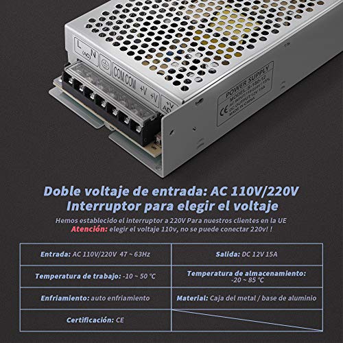 GHB Transformador Interruptor Transformador de Potencia Transformador de Voltaje Fuente de Alimentación para Tira de LED AC 110V / 220V a 12V DC 15A 180W