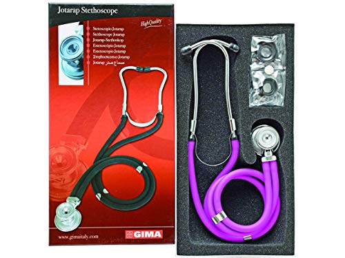 GIMA ref 32586 Estetoscopio Duofono Jotarap Sprague Rappaport, lira, fucsia, 56cm, doble cabeza, latex free, 5 instrumentos en 1, kit de accesorios con 3 campanas, membranas y olivas de recambio