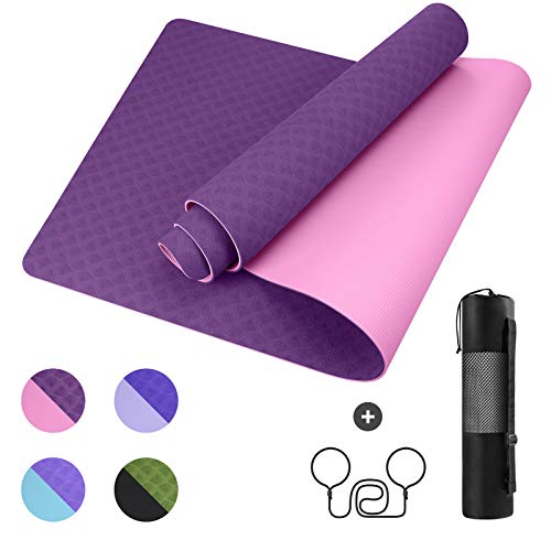 GISALA Esterilla Yoga Antideslizante, Esterilla Deporte Antideslizante TPE de Material Natural con Bolsa y Cuerda, Yoga Mat de 183x61cm, 6mm de Grosor, No tóxico, para Pilate (Morado Oscuro-Morado)