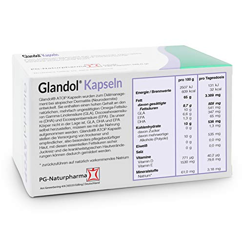 Glandol capsulas 120, para el cuidado del eccema y la psoriasis, rosacea tratamiento, dermatitis atópica, cuidado del eczema, 120 cápsulas de psoriasis