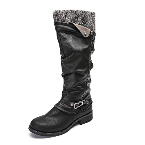 gracosy Botas de Mujer Otoño Invierno 2020 Tacon Bajo Zapatos Largas Botas Forrado de Piel Antideslizante Cómodo Cremallera Hebilla,Negro Marrón Gris