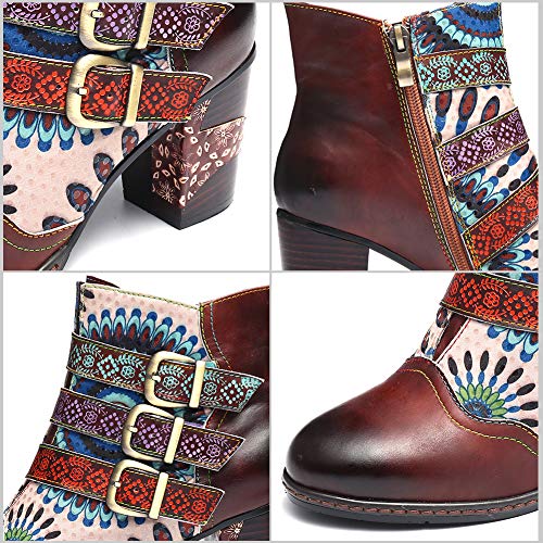 gracosy Botines de Cuero Mujer Otoño e Invierno 2019 Cremallera Botas de Nieve Original Patrón Cómodo Cálido Chelsea Hecho a Mano Buckle Botas de Nieve Tacon Alto Personalidad Paseo Urbano,Marrón