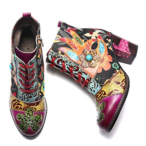 gracosy Botines de Mujer,Otoño e Invierno 2020 Cuero Tacones Altos Encaje Estilo Bohemio Hecho a Mano Diseño Original Patrón de Flores Botas de Nieve Urbano Suela Blanda,Azul