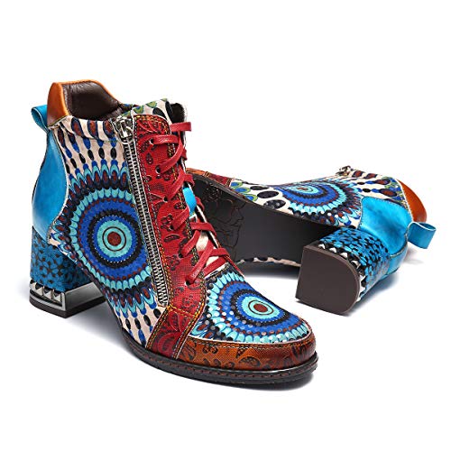 gracosy Botines de Mujer,Otoño e Invierno 2020 Cuero Tacones Altos Encaje Estilo Bohemio Hecho a Mano Diseño Original Patrón de Flores Botas de Nieve Urbano Suela Blanda,Azul