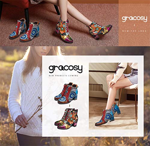 gracosy Botines de Mujer,Otoño e Invierno 2020 Cuero Tacones Altos Encaje Estilo Bohemio Hecho a Mano Diseño Original Patrón de Flores Botas de Nieve Urbano Suela Blanda,Azul