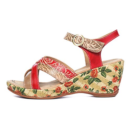 gracosy Sandalias Cuero Verano Mujer Estilo Bohemia Zapatos de Tacón Medio para Mujer de Dedo Cuña Sandalias Talla Grande Chanclas Romanas de Mujer Gris Rojo Azul Hecho a Mano Los Zapatos 2019