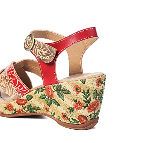 gracosy Sandalias Cuero Verano Mujer Estilo Bohemia Zapatos de Tacón Medio para Mujer de Dedo Cuña Sandalias Talla Grande Chanclas Romanas de Mujer Gris Rojo Azul Hecho a Mano Los Zapatos 2019