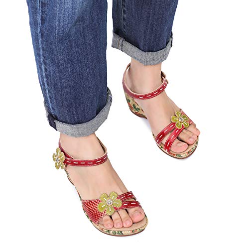 gracosy Sandalias Cuero Verano Mujer Estilo Bohemia Zapatos de Tacón Medio para Mujer de Dedo Cuña Sandalias Talla Grande Chanclas Romanas de Mujer Gris Rojo Azul Hecho a Mano Los Zapatos 2019