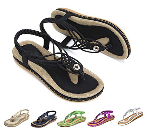 gracosy Sandalias Planas Verano Mujer Estilo Bohemia Zapatos de Dedo Sandalias Talla Grande Cinta Elástica Casuales de Playa Chanclas Romanas de Mujer 2019 Azul Negro Púrpura Rhinestone de Moda