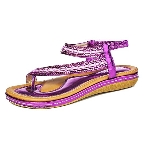 gracosy Sandalias Planas Verano Mujer Estilo Bohemia Zapatos para Mujer de Dedo Sandalias Talla Grande Cinta Elástica Casuales de Playa Chanclas Romanas de Mujer 2020 Rhinestone de Moda