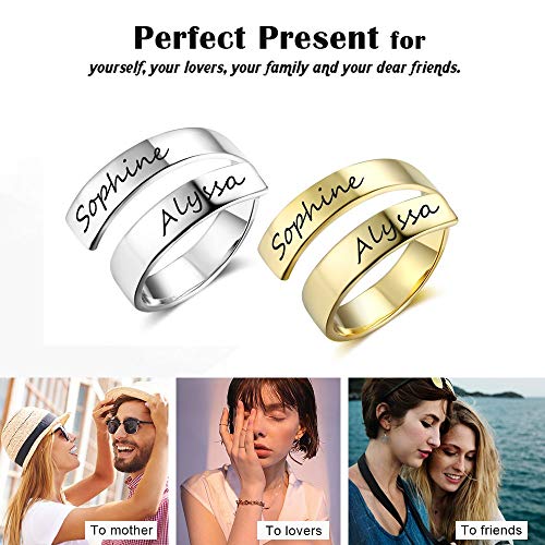 Grand Made Personalizado Nombre Twist Ring 2 Nombre Abierto Ajustable Grabado Nombre BFF Regalo Promesa para la Madre Acero Anillo Aniversario Día de San Valentín Anillo de Mujer Pareja (Silver)