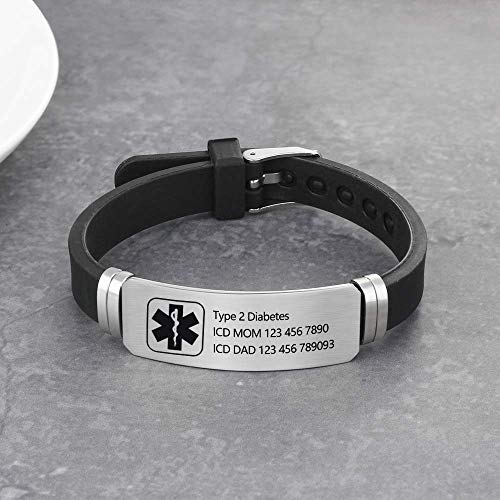 Grand Made Pulseras personalizadas de id médica de alerta de 9" Pulsera de silicona ajustable para deportes de emergencia para hombres Mujeres Pulsera impermeable para mujer (Black & Silver 2)