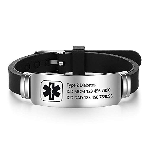 Grand Made Pulseras personalizadas de id médica de alerta de 9" Pulsera de silicona ajustable para deportes de emergencia para hombres Mujeres Pulsera impermeable para mujer (Black & Silver 2)