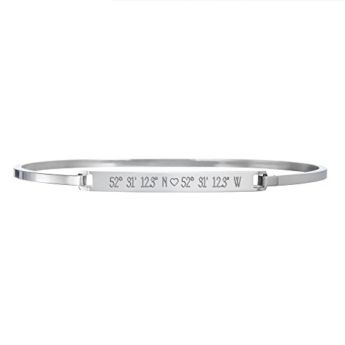 Gravado – Brazalete para Mujer – Pulsera de Acero Inoxidable – Personalizado con Las Coordenadas de GPS – Plata – Joyas Grabadas para Mujeres – Ideas para San Valentín – Detalles para una Amiga