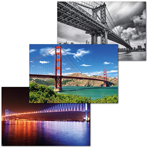 GREAT ART Juego de 3 Carteles XXL – Puentes – Golden Gate San Francisco Puente de Manhattan Puente del Bósforo Decoración de Pared Mural de Interiores Cada uno 140 x 100 cm