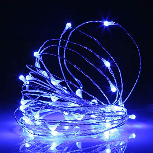 Guirnalda Luces de Navidad Azul (A Pilas), Luces LED para Decoraciones de Exterior e Interior, 5 Metros 50 LED Decoración para Navidad, Fiestas, Patio, Jardín, etc. (Paquete de 2)