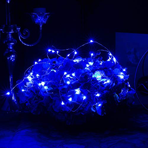 Guirnalda Luces de Navidad Azul (A Pilas), Luces LED para Decoraciones de Exterior e Interior, 5 Metros 50 LED Decoración para Navidad, Fiestas, Patio, Jardín, etc. (Paquete de 2)