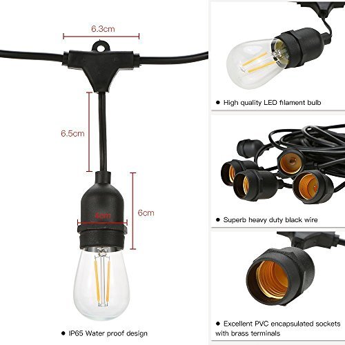 Guirnalda Luces Exterior,Tomshine Luz de Cadena 14.6M/48FT IP65 Impermeable,15pcs LED Filamento Bombilla Guirnalda Luminosa para Fiesta Boda Jardín Decoración(blanco cálido)