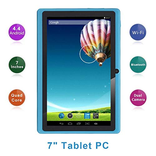 Haehne 7" Tablet PC, Google Android 4.4 Quad Core, 512MB RAM 8GB ROM, Cámaras Duales, WiFi, Bluetooth, para Niños y Adultos, Azul Cielo