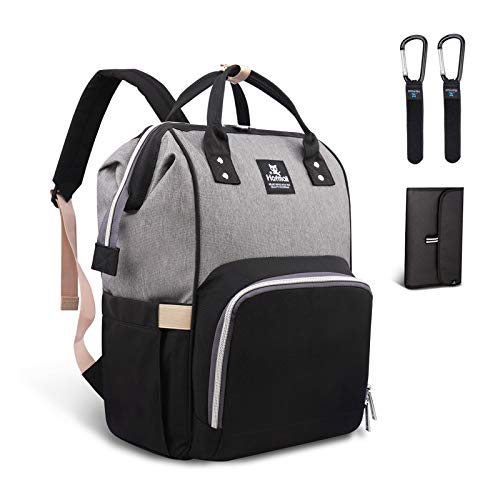 Hafmall Mochilas para Pañales de Viaje Impermeable para Bebés, Elegante Bolsos para Pañales de Gran Capacidad con Cambiador y Ganchos Carrito Bebé (Negro+Gris)