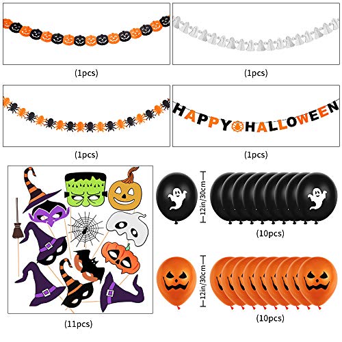 Halloween Globos Decoración Set, Halloween Feliz Banner,Diseño de Telaraña con Araña,10 Globo Fantasma,10 Globos de Calabaza Accesorios Fotográficos para Miedo Halloween para Halloween Fiestas