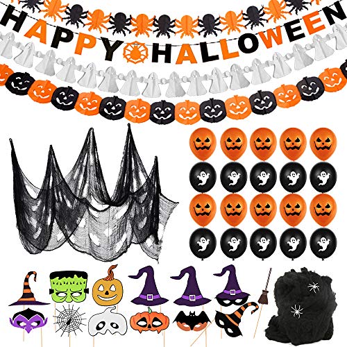 Halloween Globos Decoración Set, Halloween Feliz Banner,Diseño de Telaraña con Araña,10 Globo Fantasma,10 Globos de Calabaza Accesorios Fotográficos para Miedo Halloween para Halloween Fiestas