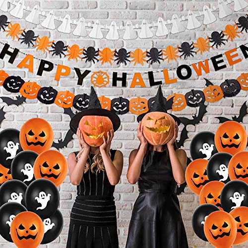 Halloween Globos Decoración Set, Halloween Feliz Banner,Diseño de Telaraña con Araña,10 Globo Fantasma,10 Globos de Calabaza Accesorios Fotográficos para Miedo Halloween para Halloween Fiestas