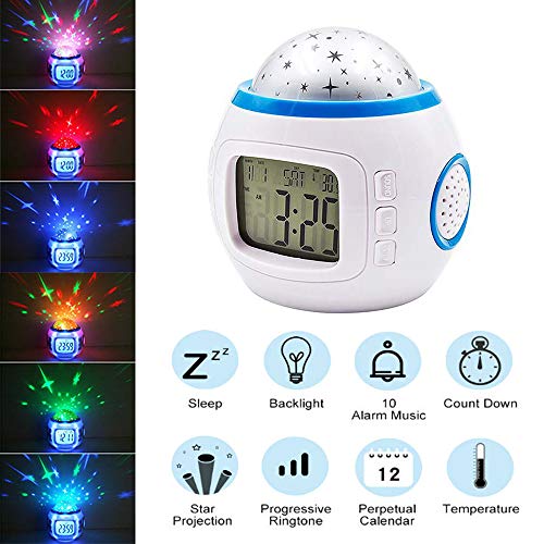 Hangang - Reloj despertador con proyección de cielo estrellado, música, reloj digital con retroiluminación con calendario, termómetro para niños, niña, habitación