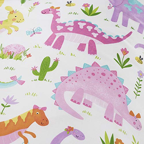 Happy Linen Company Set de Fundas Infantiles para edredón - Reversible - Estampado de Dinosaurios Rosas sobre Blanco - Blanco - Individual