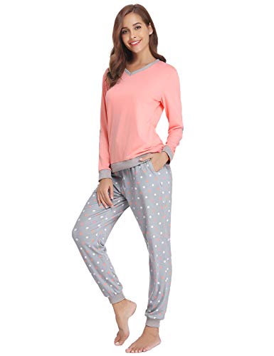 Hawiton Pijama Mujer Verano Largo Algodon Otoño Invierno Pantalones Camisetas Mangas Largas