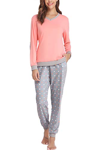 Hawiton Pijama Mujer Verano Largo Algodon Otoño Invierno Pantalones Camisetas Mangas Largas