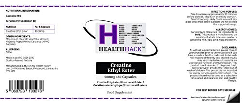 Health Hack - Éster etílico de creatina, 500 mg, 180 cápsulas