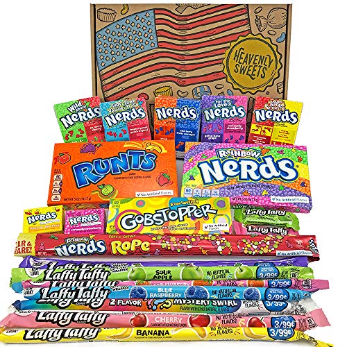 Heavenly Sweets Dulces Nerds Cesta Caramelos - Selection Americana con Surtido Nerds Rainbow, Mini, Laffy Taffy - Regalo Cumpleaños, Navidad, Día de San Valentín, Pascua - Pack de 28x19x4cm