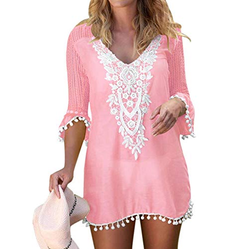 heekpek Mujer Collar De Flores Vestido De Playa Vestido Mangas Cortas Gasa Beach Ropa de Baño Borla Bikini Cover up Camisolas y Pareos Plus Size