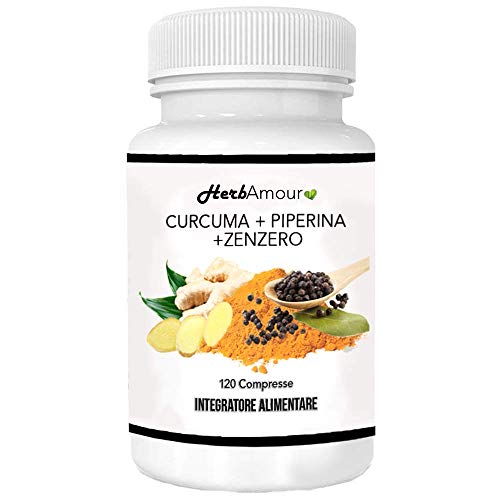 HerbAmour CURCUMA PIPERINA ZENZERO I 120 Pastillas Extractos Puros De Cúrcuma (320 Mg) Pimienta (20 Mg) Jengibre I Producto Antiinflamatorio Antioxidante Analgésico Curcumina I Suplemento Turmeric